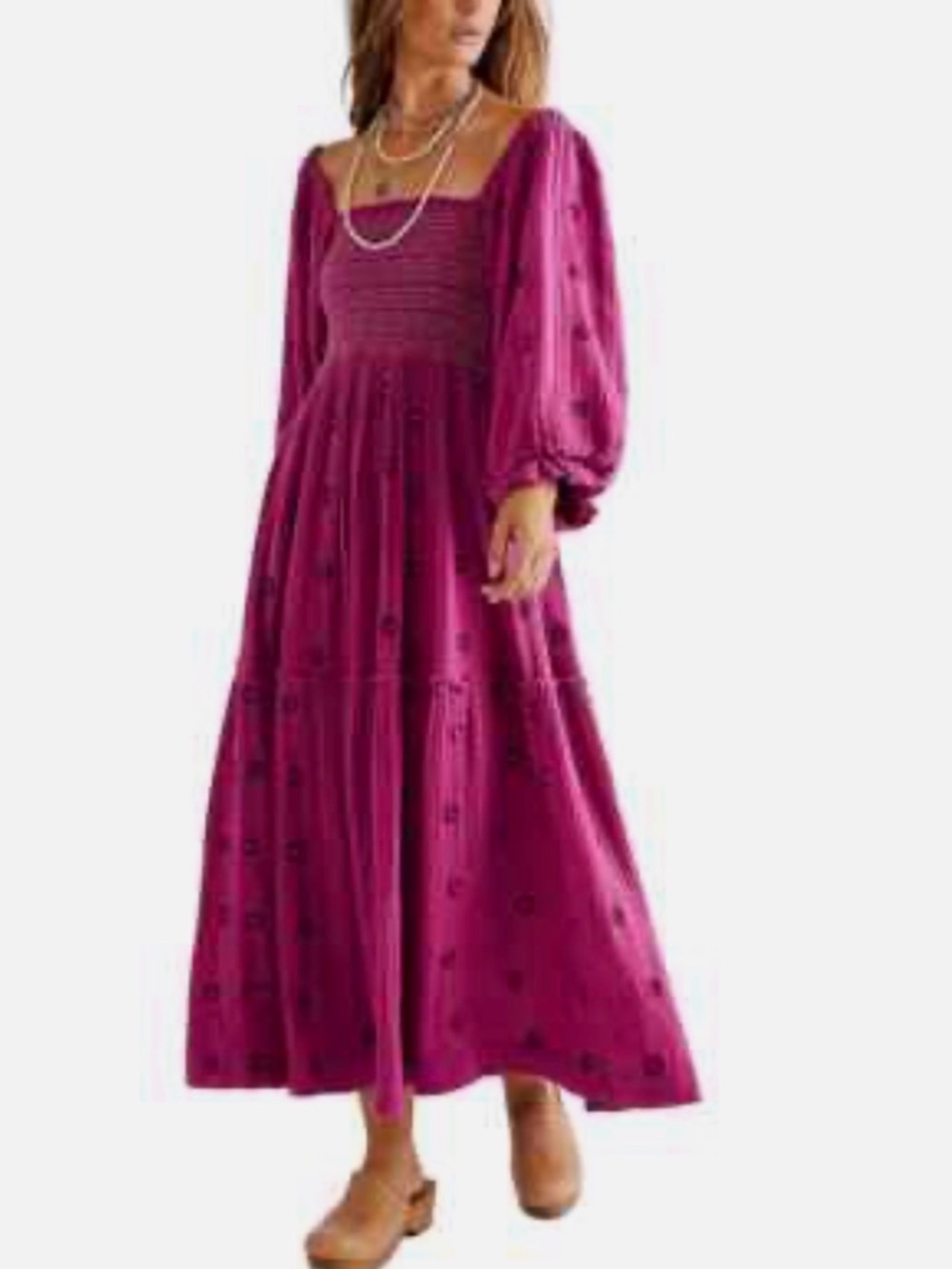 Free people  Magenta Smocked Maxi Dress with Puff Sleeves